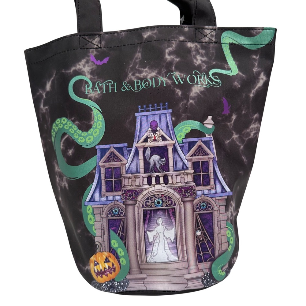 Bath & Body Works Halloween Haunted House Bucket Tote Bag Black Purple Ghost NEW